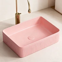 อ่างล้างหน้าเซรามิกทันสมัย สีชมพู อ่างล้างหน้าแบบตั้งบนเคาน์เตอร์ พร้อมอุปกรณ์ระบายน้ำ 4