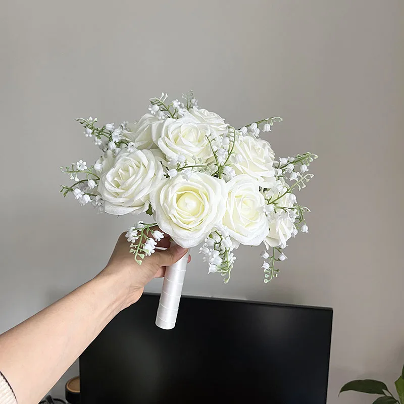 Bride Bouquet Wedding Accessories White Ivory Roses Silk Flowers Artificial Groom Buttonhole Bridesmaids Mariage Bridal Bouquets wedding bouquets artificial rose flowers