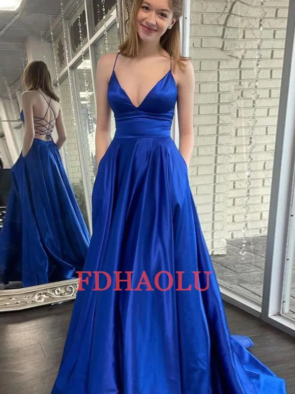 V Neck A Line Long Evening Dress Party With Pocket Robe De Soiree Sexy Prom Gown Customized