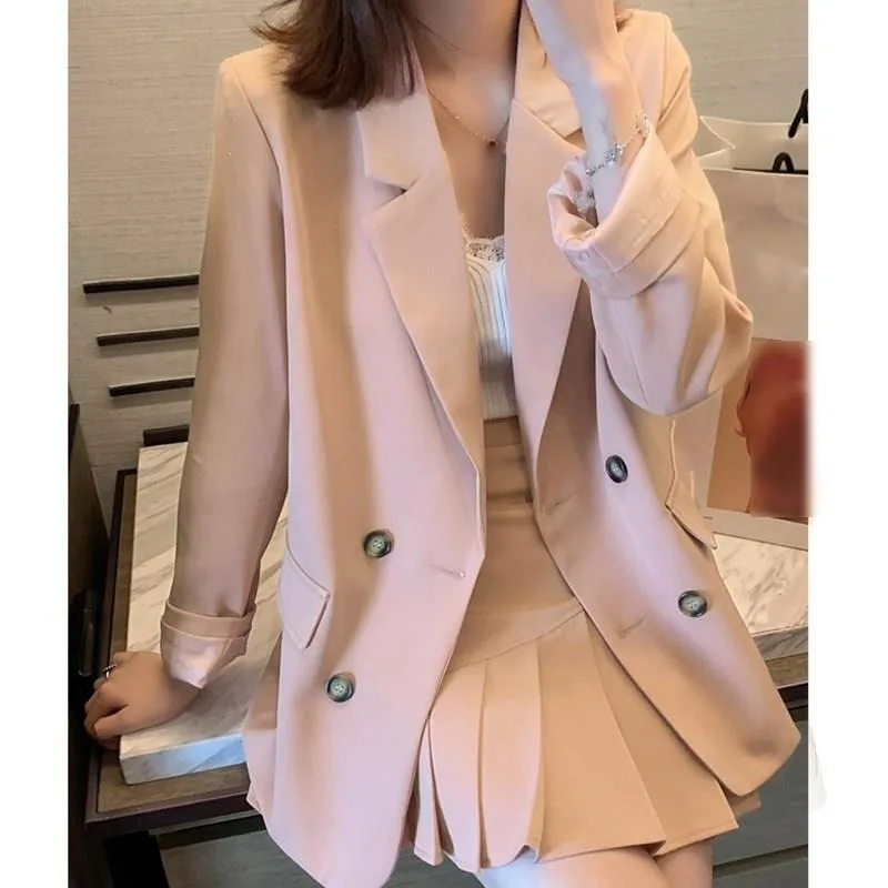 Spring Fall Female Suits Women Sweet 2 Pieces Pink Office Blazer Top and Pleated Skirt Suits Casual Soild Work Mini Skirt Sets 2023 new spring unisex style women sets solid pockets top half shorts streetwear fashion pleated design capris casual shorts