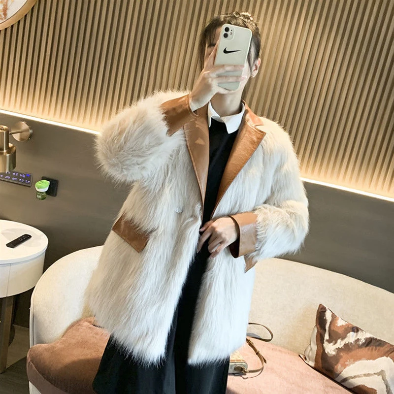 Winter Coat Women Korean Style Leather Patchwork Faux Fox  Fur Jacket Thick Office Lady V-Neck Midi-Length Fluffy Outwear Loose