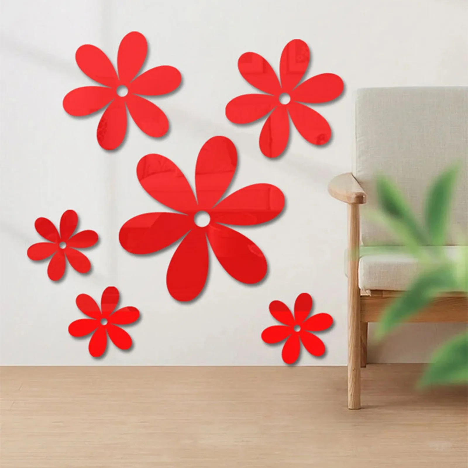 6 Pieces 3D Acrylic Removable Flowers Mirror Wall Stickers DIY Sticky Mural Stickers Flowers For Home Living Room Bedroom