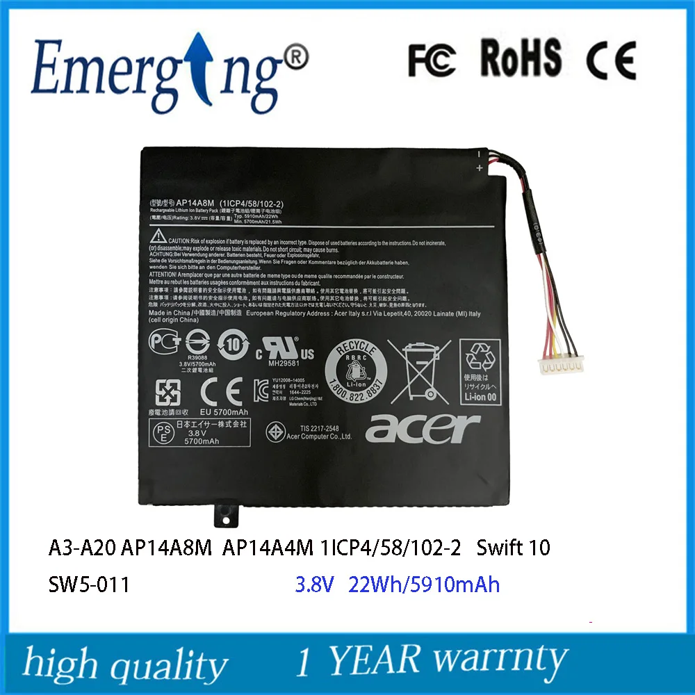 

3.8V 22Wh AP14A8M Laptop Battery For Acer Swift 10 SW5-011 Iconia Tab 10 A3-A30 AP14A4M 1ICP4/58/102-2 A3-A20