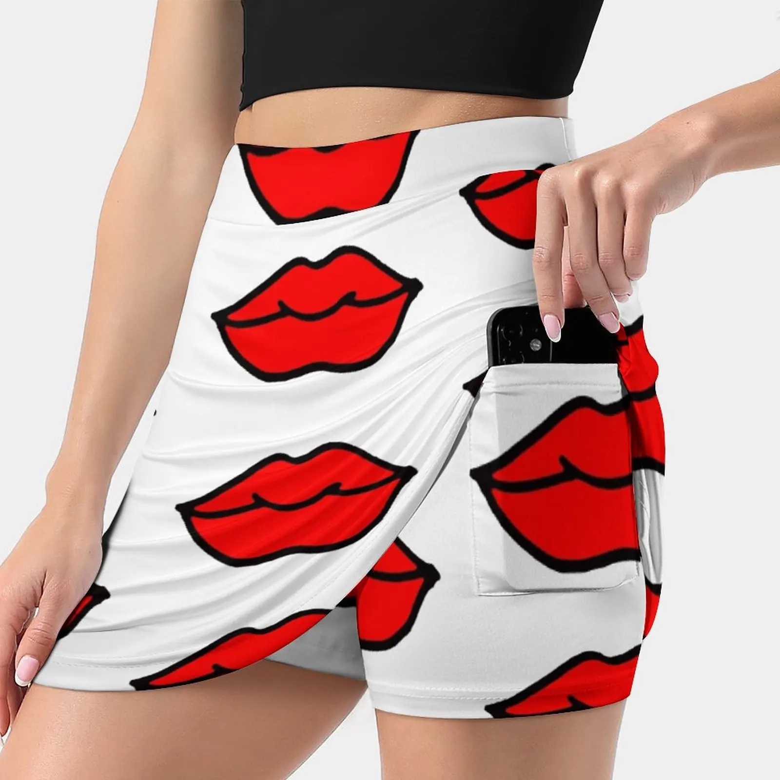 

Lips! Women's skirt With Hide Pocket Tennis Skirt Golf Skirts Badminton Skirts Running skirts Lips Red Kiss Hand Drawing