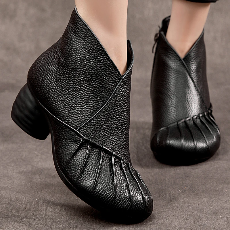 

Birkuir Genuine Leather Thick Soled Boots Loafers Side Zippers 2023 Luxury High Heels Shoes Elegant Pleated Ankle Short Boots