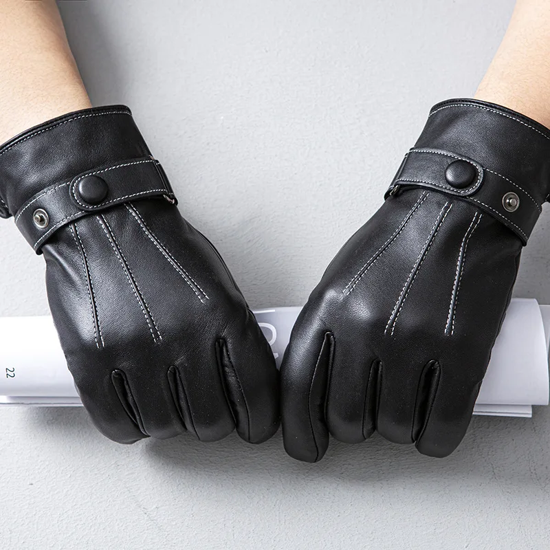 

Men's Sheepskin Real Genuine Goatskin Leather Gloves Driving Business Touch Screen Gloves Winter Keep Warm