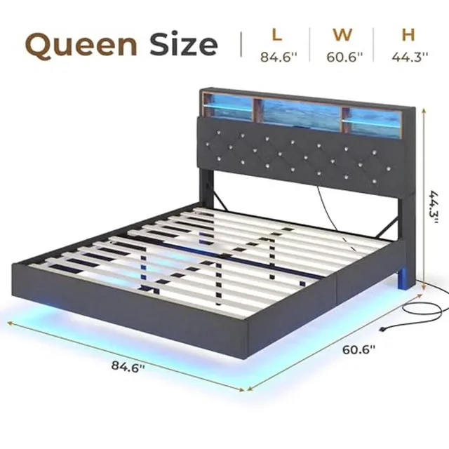 Floating Queen Bed Frame with Storage Headboard RGB LED Lights and Charging Station Modern Linen Upholstered Platform Bed Hidden 2