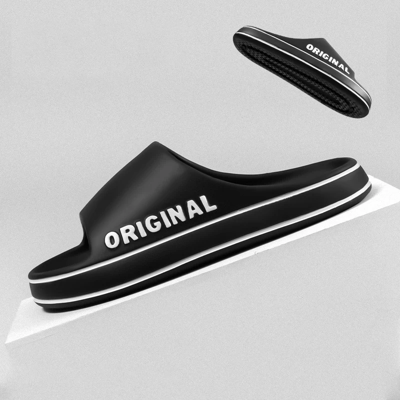 Feslishoet Women Letter Slippers Beach Slides Solid Color Mens Thick Sole Indoor Bathroom Anti Slip Shoes Summer Couple Sandals — view 5