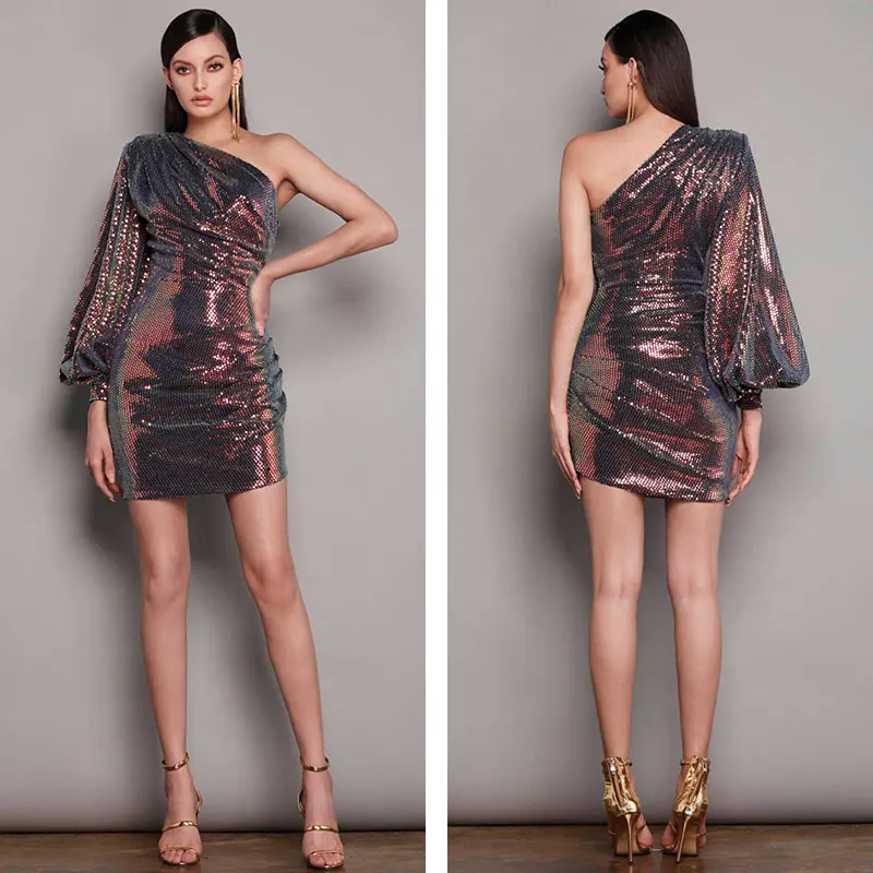 

Rose Gold New Sequin One Shoulder Flare Sleeve Dress Diagonal Neck Fashion Elegant Dress Sexy Slim Fit Party Birthday Mini Dress