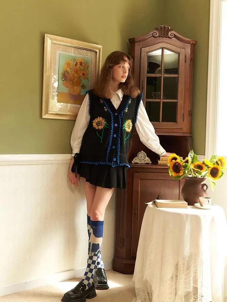 

Trendvestidos De FiestaVintage Van Gogh Literature And Art Vintage Contrast Knit Cardigan Women'S Autumn Original Design Sweater