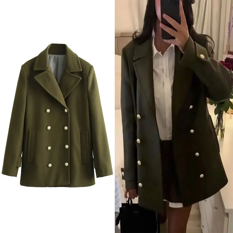 

TRAF Woman Double Breasted Wool Blend Coat Green Lapel Long Sleeves Casual Coat 2024 Autumn Winter Chic Streetwear Outerwear