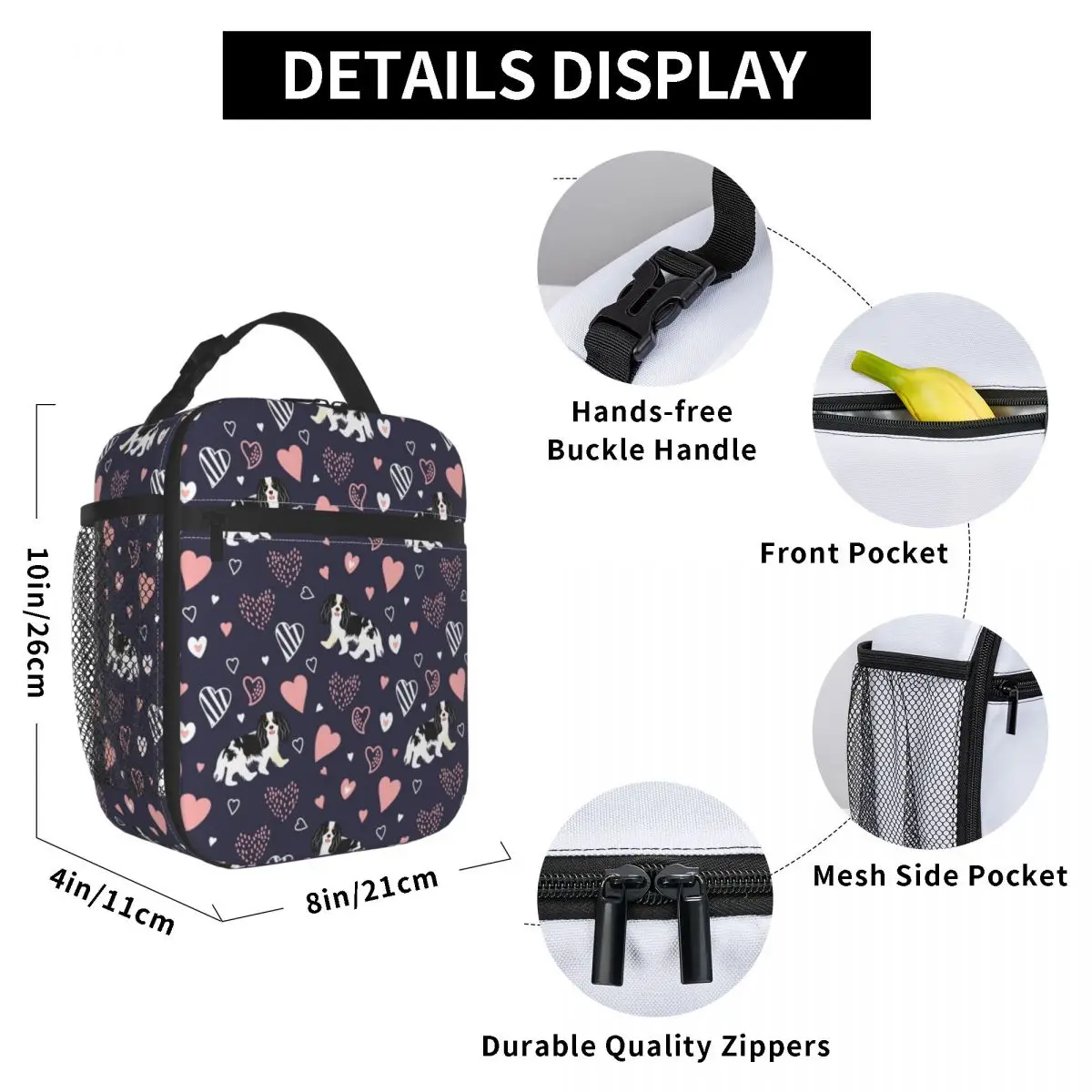 Love Black White Cavalier King Charles Spaniel Portable Lunch Boxes Leakproof Blue Dog Thermal Cooler Food Insulated Lunch Bag