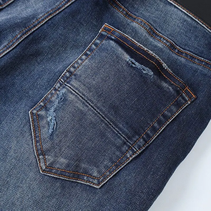 High Street Fashion Men Jeans Retro Dark Blue Stretch Skinny Fit Ripped Jeans Men Red Patched Designer Hip Hop Brand Pants Homme