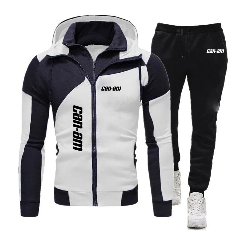 

Autumn New Casual Men Sports Suit CAN-AM BRP Printed Fashion Hooded Splicing Zipper Jacket Cardigan + Pants Man Sportswear Set