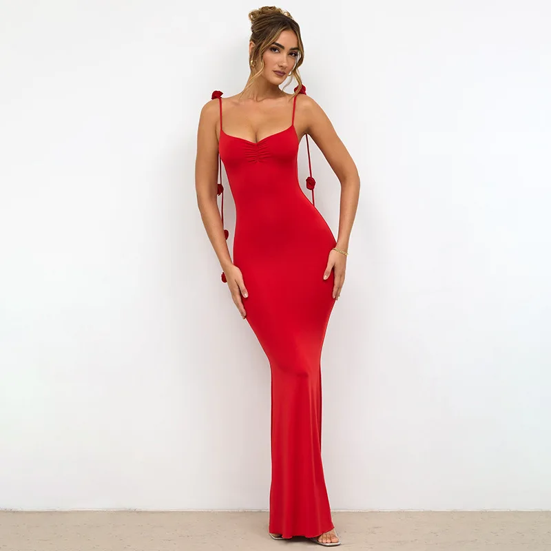 VEITCHE Summer Women Long Dresses Elegant Solid Color 3D Flower Decorated Straps Sleeveless Neck Wrap Maxi Evening Patry Dress 2