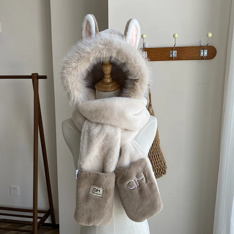 Fox Plüsch Skimütze Schal Handschuhe dreiteilige Damenmütze Winter Warm Furry Cold Riding Outdoor Gehörschutzmütze – Detail 20