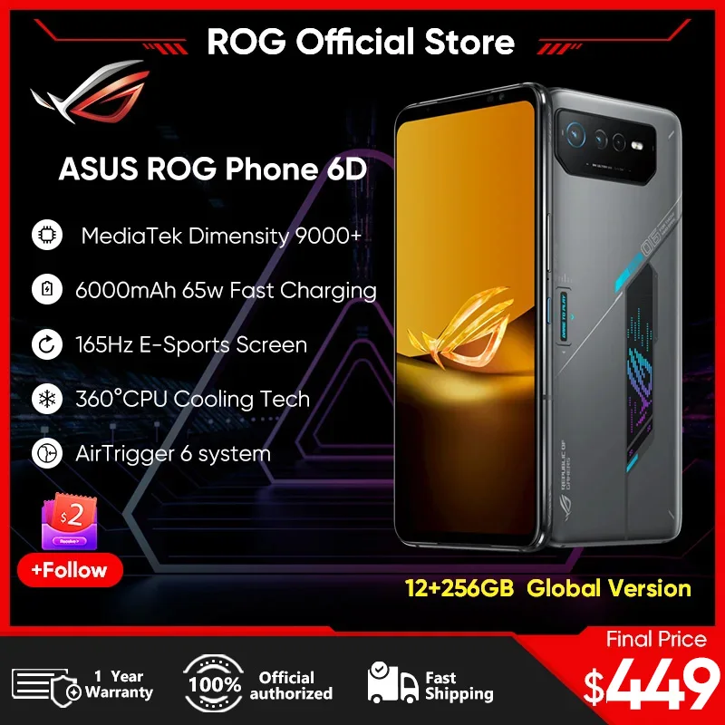 ASUS-Smartphone ROG 6D, téléphone mobile, MediaTek, dimension 9000 + 165Hz, écran E-Sports, batterie 6000mAh, 65W, développements rapides