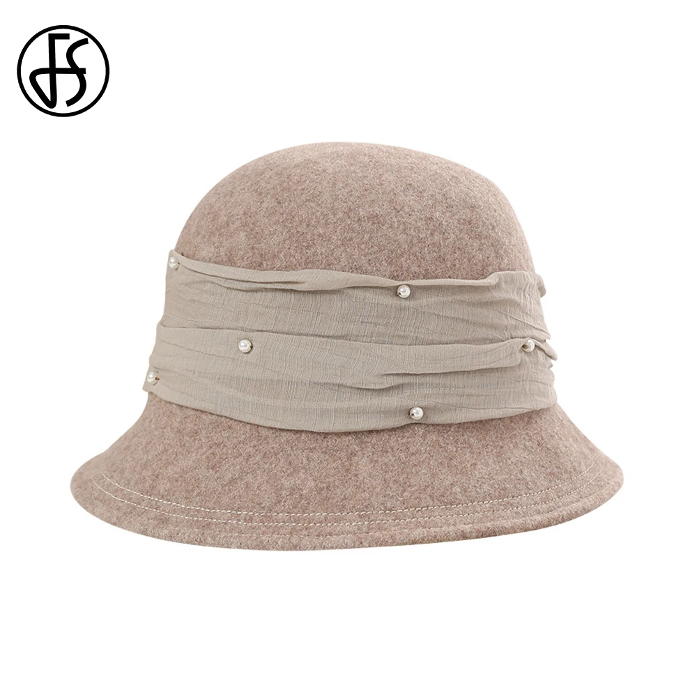 

FS French Elegant Fisherman Bucket Hats For Women Fashion Ladies Warm Khaki Basin Cap Female Vintage Wool Fedoras Autumn Winter