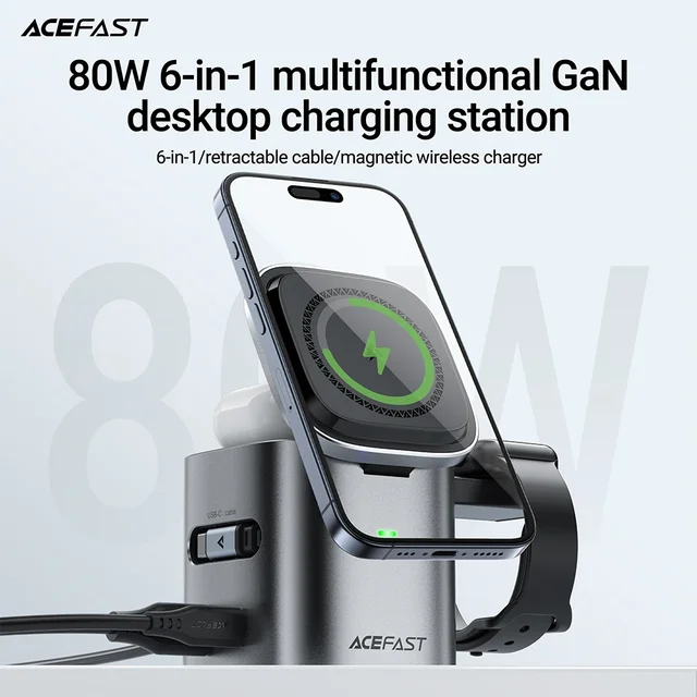 80W 6-in-1 Multifunctional GaN Desktop Charging Station Magnetic Wireless Charger  Fast Charging Cube For IPhone IWatch Samsung