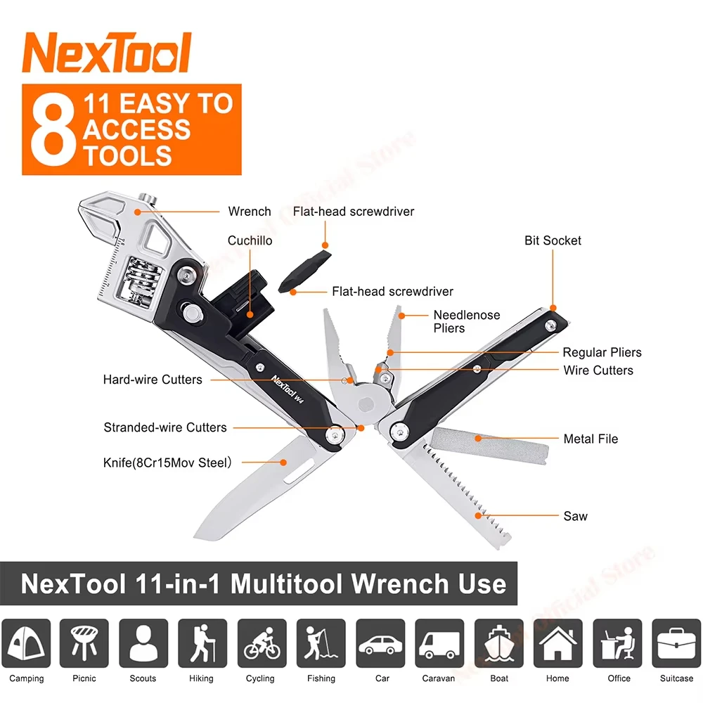 NexTool W4 조절식 렌치 11-in-1 멀티툴 렌치 접이식 펜치 나이프 수공구 스크루드라이버 목공용 톱 목공 도구