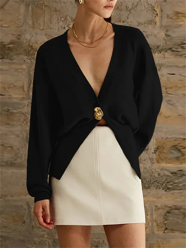 Knitwear V-Neck Cardigan Coat For Women Long Sleeve Fashion Autumn Elegant Cropped Outwear Knit Women's Cardigan Top