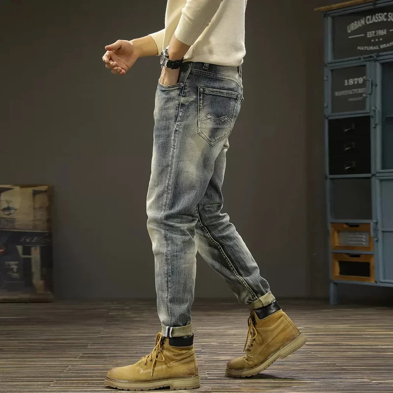 Newly Designer Fashion Men Jeans Retro Blue Elastic Slim Fit Ripped Jeans Men Vintage Trousers Casual Cotton Denim Pants Hombre