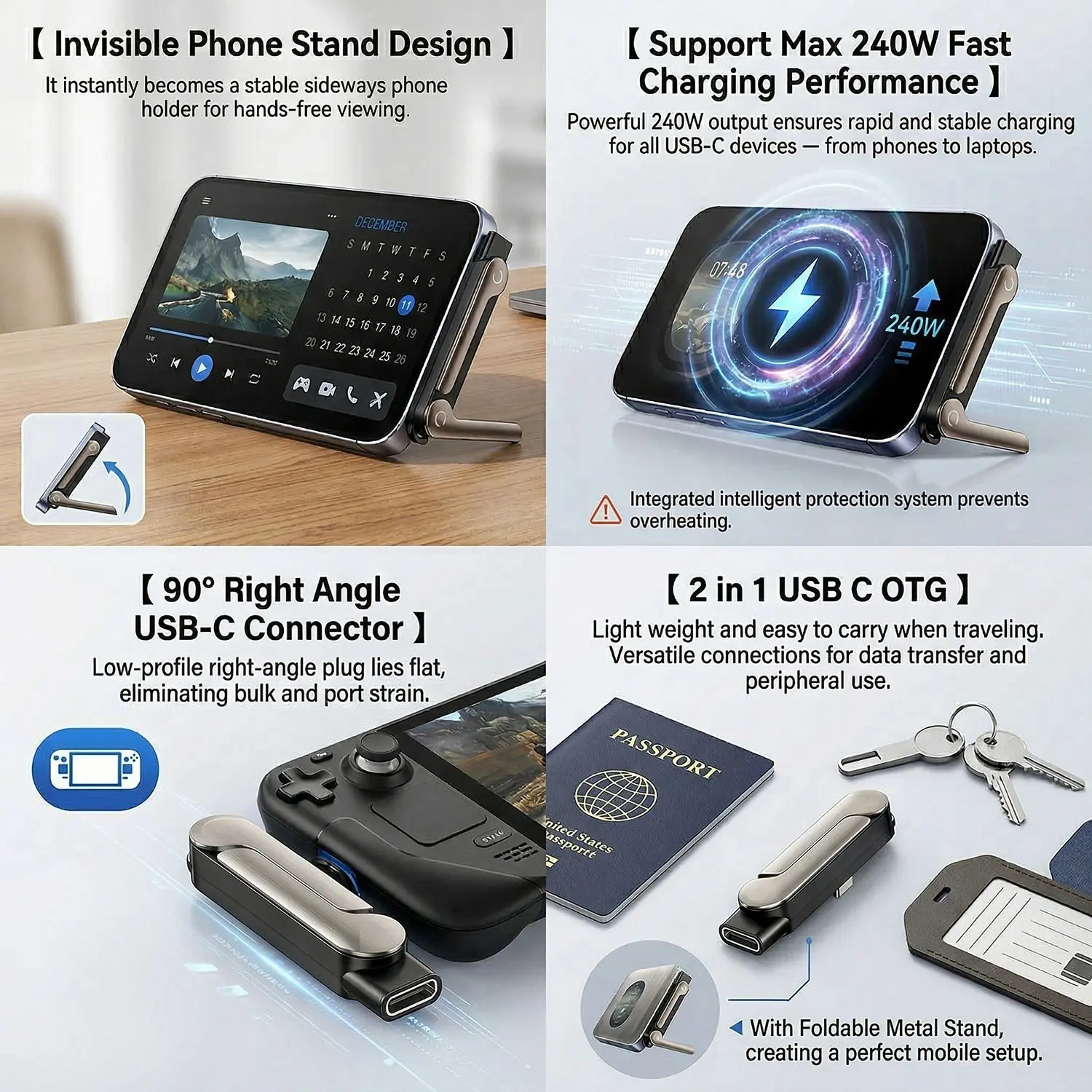 1/2/3PCS 유형 C 전화 브래킷 어댑터 접이식 홀더 지원 케이블 고속 충전 OTG 유형-C 남성-USB-C 여성 변환기 C-C