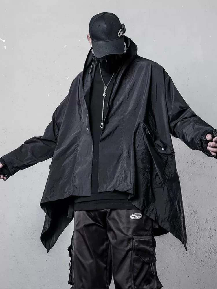 Irregular Design Punk Hip Hop Oversize Trench Coat Hooded Cloak Men Outdoor Quick-dry Techwear Sun Protection Clothing