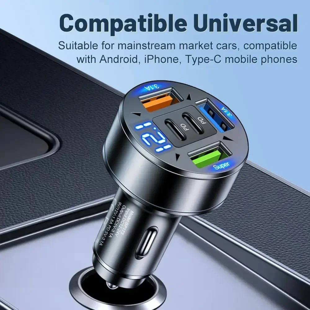 250W 5-Port PD QC3.0 Fast USB-C Car Charger Type C Adapter In Car with Pull Ring For IPhone12-16/Xiaomi/Samsung/Huawei