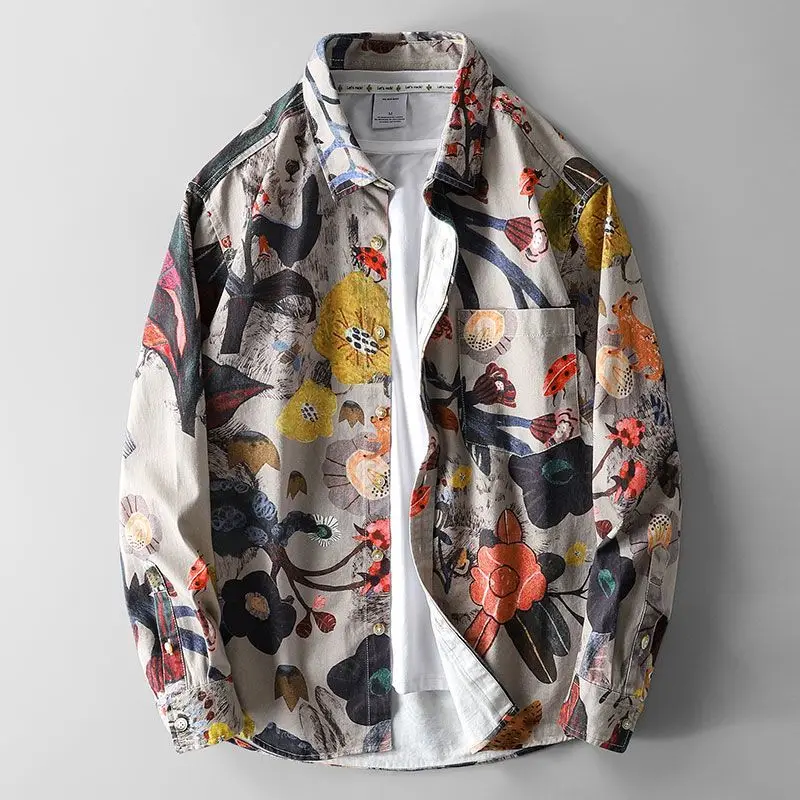 Elegant Fashion Harajuku Slim Fit Ropa Hombre Loose Sport Casual All Match Outerwear Stand Collar Printed Long Sleeve Blusa