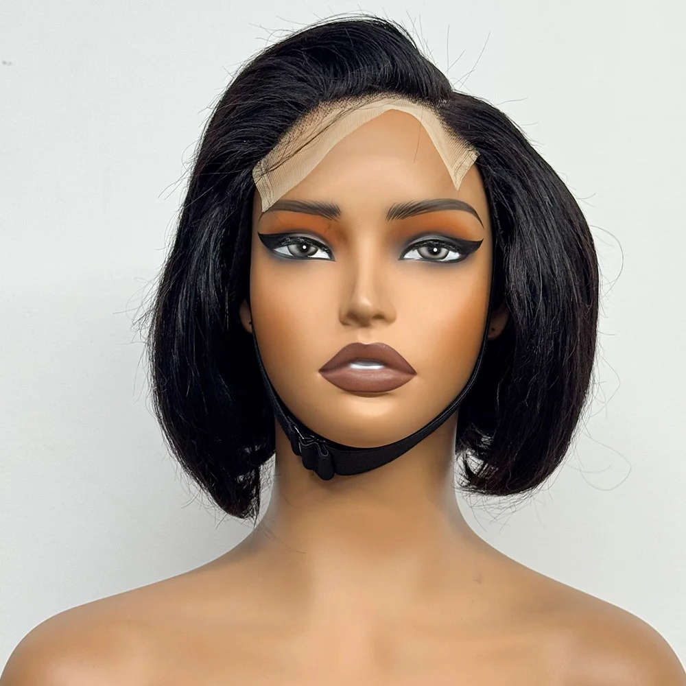 Full 300% Density C Part Straight Wig 5x5 Transparent Lace Double Drawn Pixie Straight Bob Human Hair Wigs For Black Women