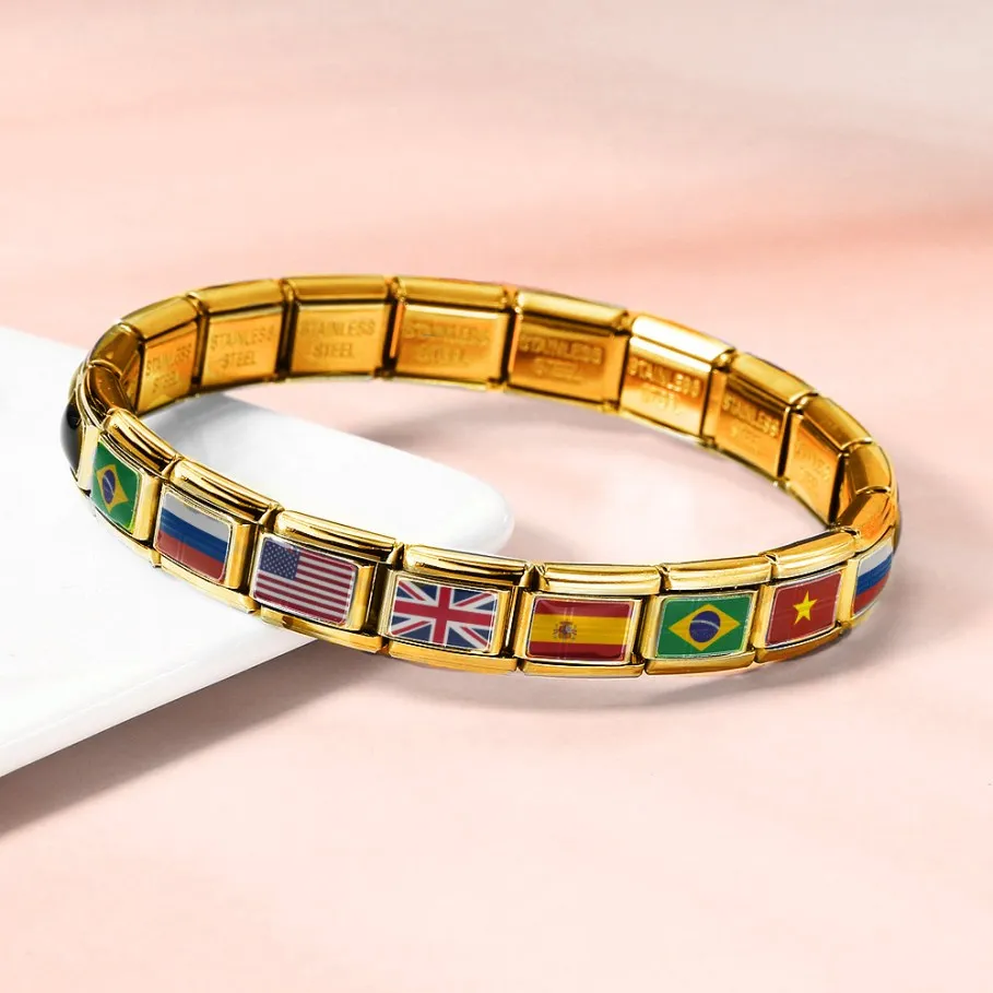 Mode Welt Nationalen Flagge Gold Farbe Italienischen Charme Link Fit 9mm Armband Edelstahl DIY Machen Perle Trendy Schmuck geschenke – Detail 2