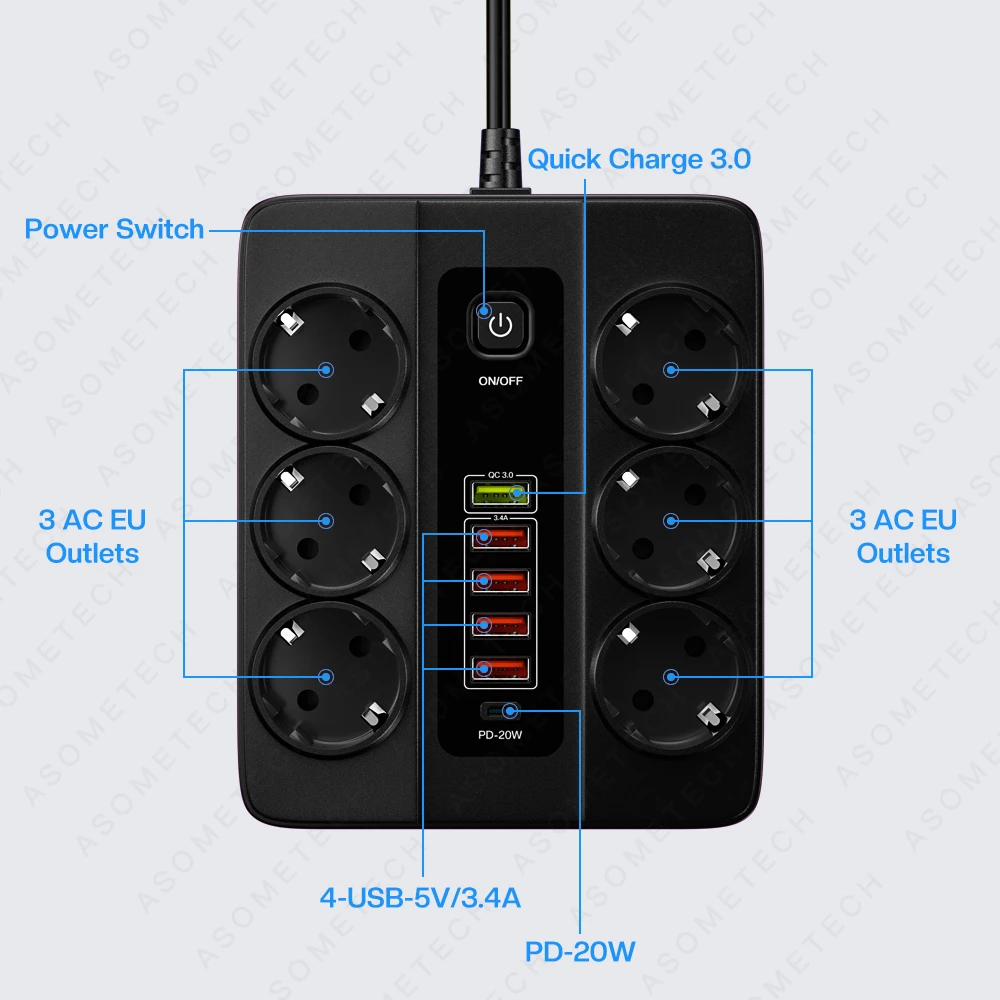 Power Strip com Vários Usb c Carregador Rápido Soquete Doméstico Inteligente Proteção contra Sobrecarga Extensão Múltipla tipo c 3000w pd Qc3.0 eu - Image 6