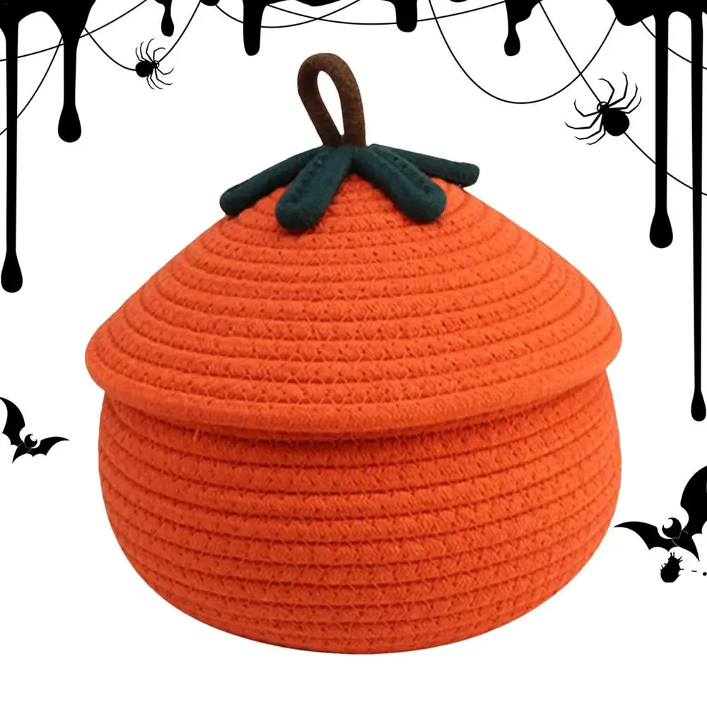 Halloween-Kürbis, gewebter Korb, Halloween-Kürbiskorb mit staubdichtem Deckel, saisonales Dekor, Heimorganisation, Behälter, süßer Korb – Detail 6