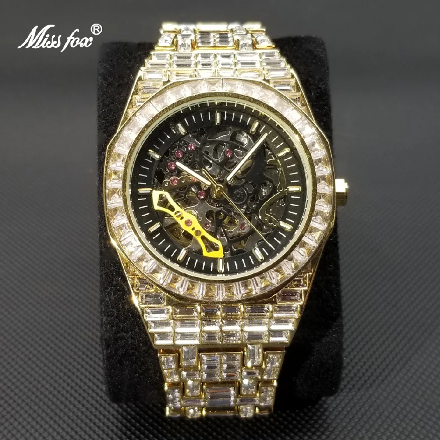 

New Ice Out Mechanical Watches For Men Luxury Gold Fully Moissanite Automatic Watch Hip Hop Hollow Dial Tourbillon Wristwatch