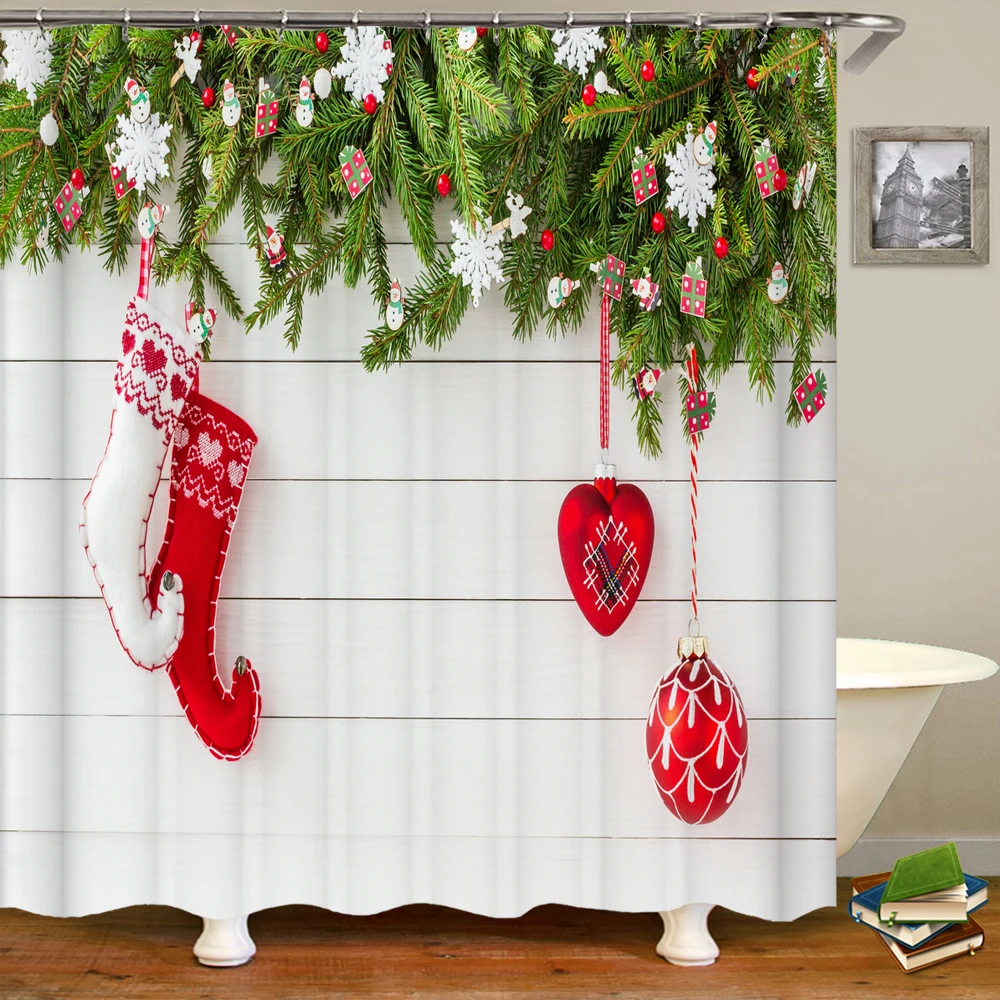 

Christmas Trees Santa Claus Snowflake Merry Christmas Shower Curtains Bathroom Curtain Frabic Polyester Waterproof Bath Curtain