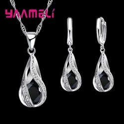 Elegant Sterling Silver Plated Jewelry Set: Necklace & Hoop Earrings (Black)