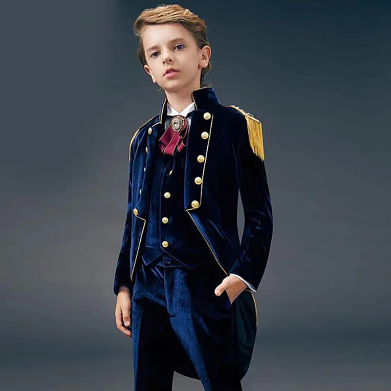 Blue Suede  Slim Fit Boys' Suit Three Piece Set 2023 New Unique Design Children's Gentleman Handsome Clothing