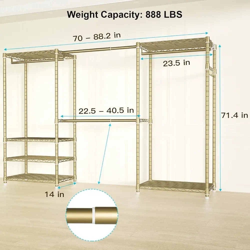 New2025-E1 Heavy Duty Closet Garment Rack, 6 Tiers Adjustable Metal Freestanding Expandable Clothing Storage with 4 Hanger Rods,