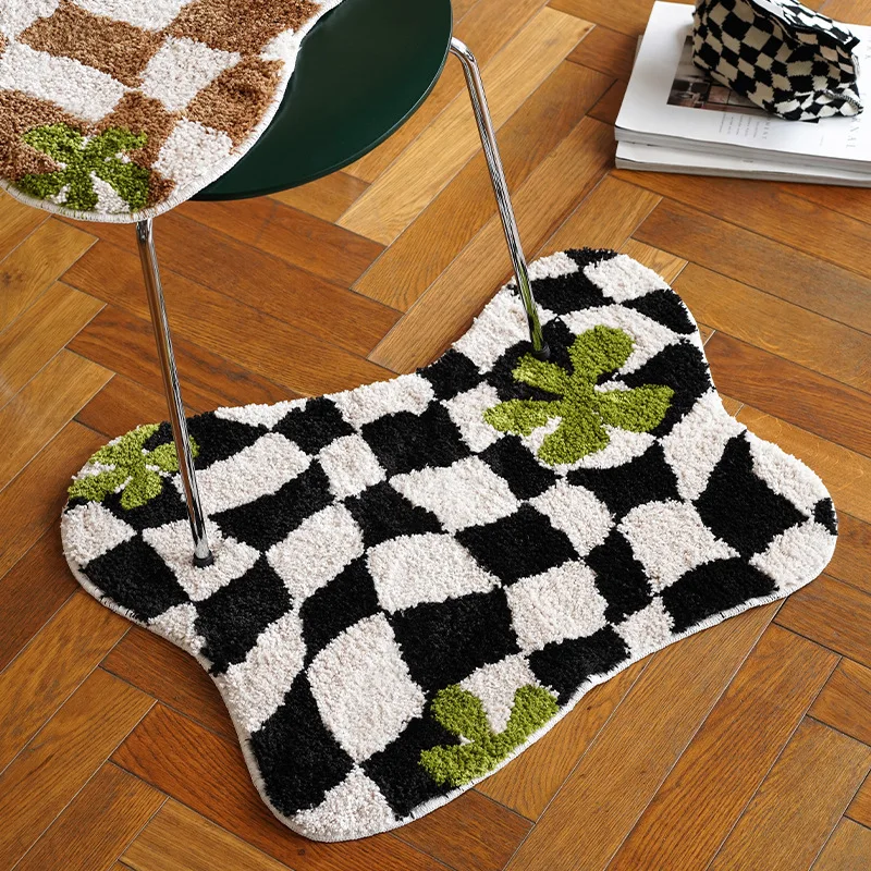 

Tufted Chessboard Plaid Rugs Irregular Soft Fluffy Carpet Entrance Doormat Floor Mat Bedroom Rug Aesthetic Home Decor Bath Mats