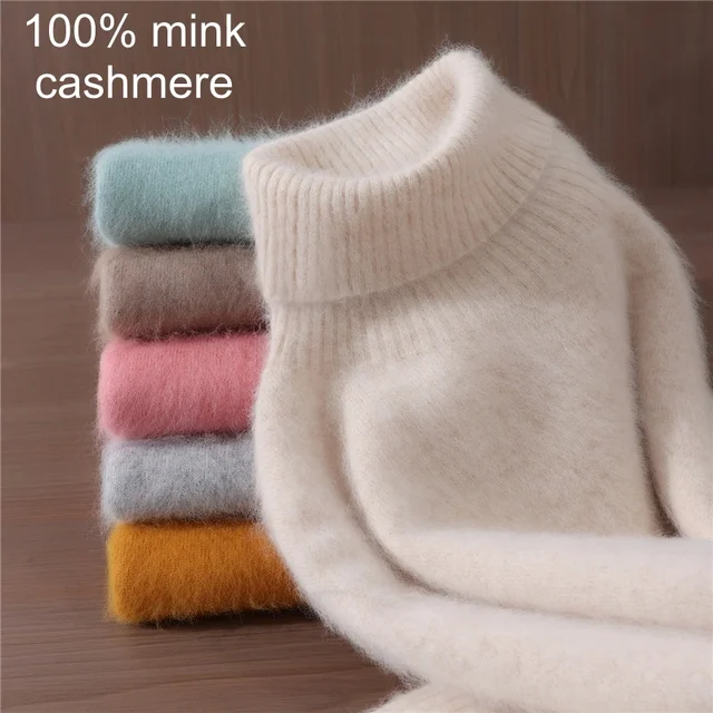 Women's High Collar 100% Mink Cashmere Sweater Autumn/Winter Long sleeves Knit Pullover Loose Bottom Fashion Basic Top 23 colors
