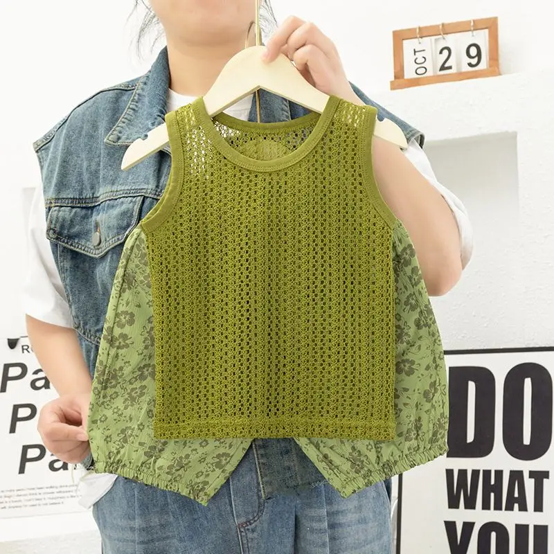 

Kids Girls Green Vest Shorts Clothing Sets 2024 New Arrival Children Summer Mesh Sleeveless Tops Floral Printed Shorts 2Pcs Sets