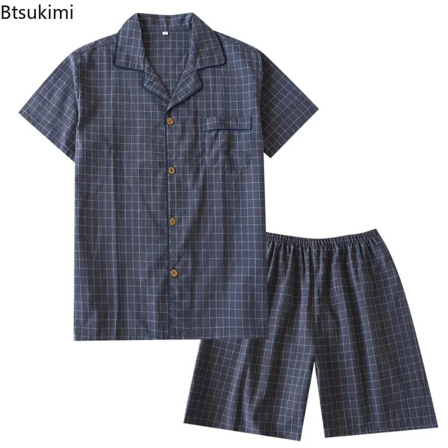 Men's Summer Pajamas Pajama Sets Thin Short-sleeved Shorts Soft Cotton Simple Japanese Plaid Home Service Suit Pantalon Pijama Hombre