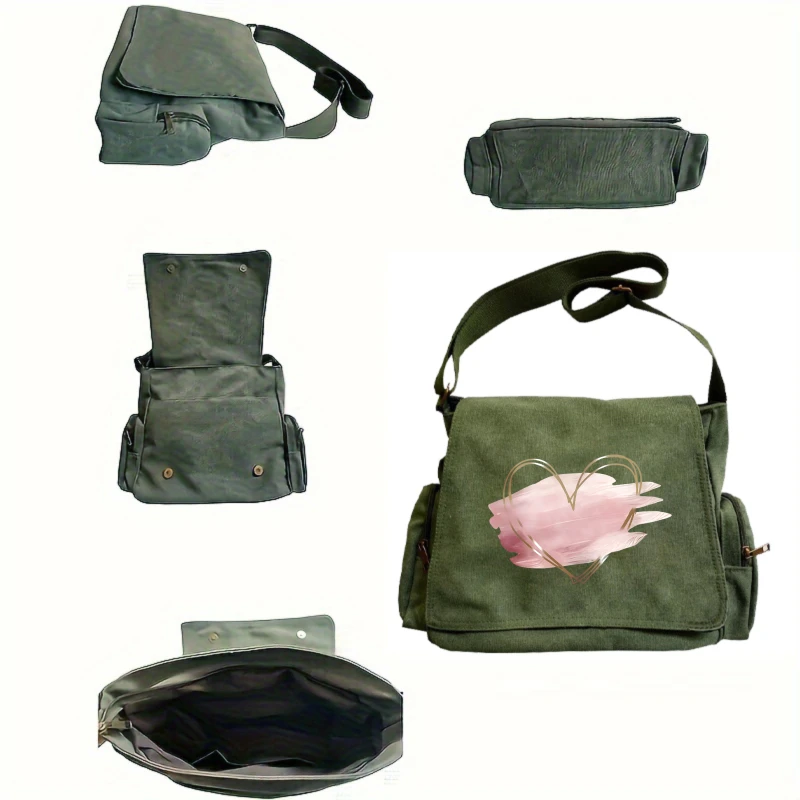 Women's Multiple Pockets Shoulder Bag Large Capacity Heart Print Crossbody Bag Casual Canvas Messenger Bag For Women