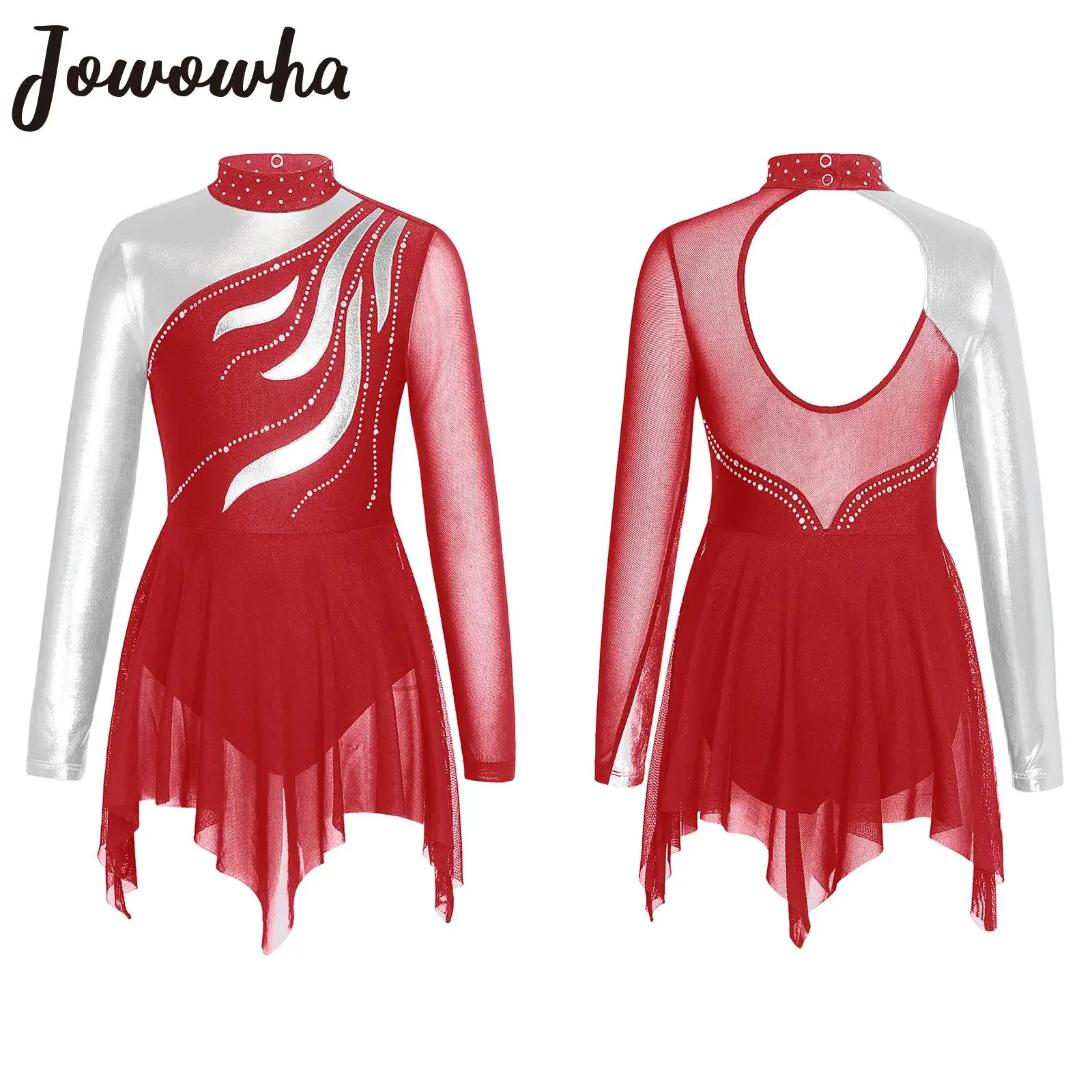 Kids Girls Figure Skating Dress Rhinestone Long Sleeve Tulle Splice