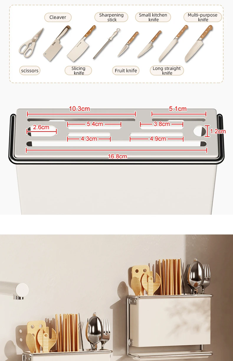 Description Picture 4 of itemKitchen Countertop Cutlery Holder Wall Mounted No Drill Knife Chopstick Organizer Rack Kitchen Utensil Drain Storage Rack