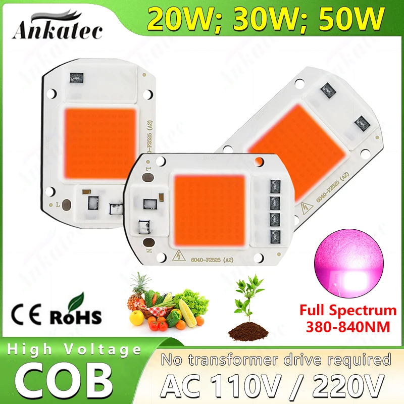 20W 30W 50W Led Grow COB Chip AC 110V 220V380-840nm Full Spectrum Plant Grow Light for Vegetables Seedlings Bloom Indoor Plants