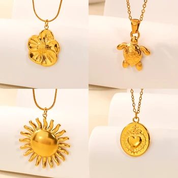Sun Flower Neckalces for Women Gold Color Cross Heart Turtle Pendant Stainless Steel Necklace Waterproof Jewelry Gifts