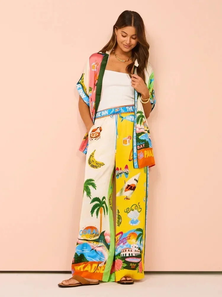 Spring New2024 Women Festival Printed Short-sleeved Shirt Blouse Loose Trousers 2-piece Women's Casual Beachwear Suit