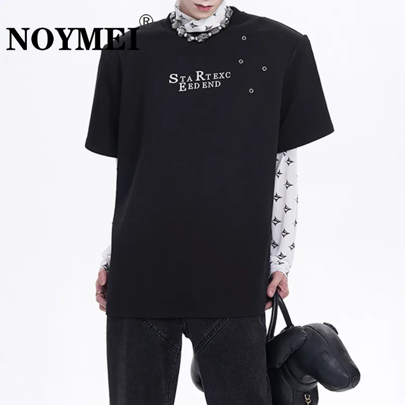 

NOYMEI Niche Hollow Out Summer New Men's T-shirt Round Neck Trendy Metal Ring Shoulder Pad Loose Letter Hot Stamping Top WA4367